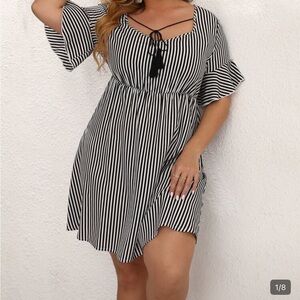 Plus Striped Flounce Sleeve Tassel Tie Front Dress
